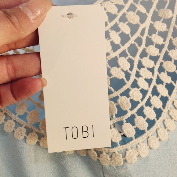 𝅺TOBI Size Small Pale Blue Mini Shift Low Back Crochet Accent Dress Size: XS - Picture 11 of 13